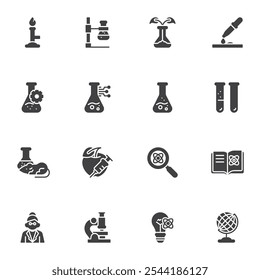 Science and scientific vector icons set, modern solid symbol collection, filled style pictogram pack. Signs, logo illustration. Set includes icons as laboratory test, chemical experiment, test tube