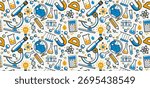 Science seamless background, vector tiling endless repeat pattern of different sciences like chemistry and physics, geography and math, elements easy to use separately as an icons or illustrations.
