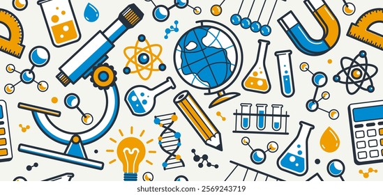 Science seamless background, vector tiling endless repeat pattern of different sciences like chemistry and physics, geography and math, elements easy to use separately as an icons or illustrations.