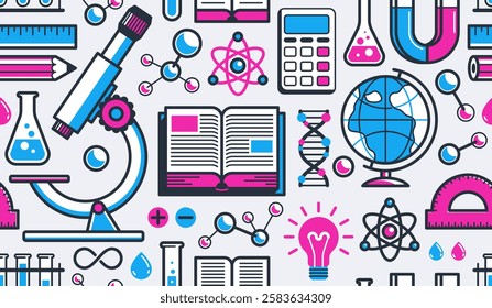 Science seamless background, vector tiling endless repeat pattern of different sciences like chemistry and physics, geography and math, elements easy to use separately as an icons or illustrations.