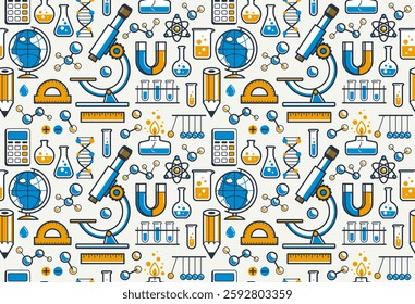 Science seamless background, vector tiling endless repeat pattern of different sciences like chemistry and physics, geography and math, elements easy to use separately as an icons or illustrations.