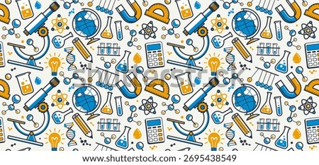 Science seamless background, vector tiling endless repeat pattern of different sciences like chemistry and physics, geography and math, elements easy to use separately as an icons or illustrations.