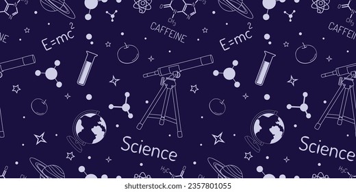 Science seamless doodle pattern. Minimalistic repeating image for printing in blue. Science and research, test tube, space, molecules, telescope, apple chemical compound, atom structure.