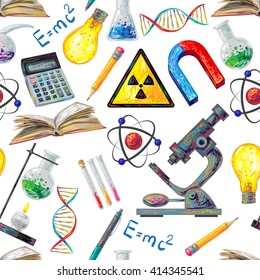Science seamless pattern with calculator flask tube lamp dna microscope atom burner on white background vector illustration