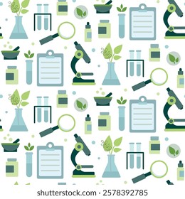 Science seamless pattern with Chemical laboratory glassware, microscope, magnifying glass and pills on white background. Pattern for wallpaper, wrapping paper, stationary, prints.