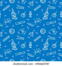 Science seamless pattern. DNA seamless background. microscope, dna, genes, chromosomes. Sketch vector illustration 