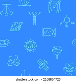 Wissenschaftsnahtloses Muster im Linienstil. Wiederholbarer Hintergrund mit wissenschaftlichen Elementen. Vektorgrafik.