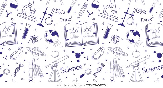 Science seamless pattern. Minimalistic repeating image for printing. Gift wrapping, paper. Science and research, flasks, books, test tubes, space, microscope, DNA, magnifier.