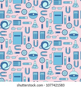 Science seamless pattern in modern flat line style. A lot of science things, icons. Health care concept.