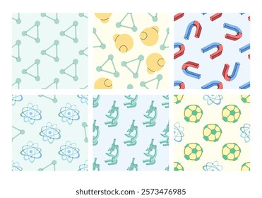 Science seamless pattern with molecules, atoms, magnets and microscopes in flat style

