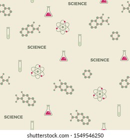 Science seamless pattern. Retro style vector scientific background, cute vintage chemistry, physics or biology template for wrapping paper, web design, patchwork, sewing or sheet fabric