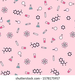 Science seamless pattern. Retro style vector scientific background, cute vintage chemistry, physics or biology template for wrapping paper, web design, patchwork, sewing or sheet fabric
