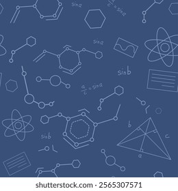 Science seamless pattern. School learning education wallpaper background, children study design biology mathematics chemistry laboratory molecular atom outline vector illustration original artwork