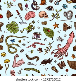 Science seamless pattern. Scientific laboratory in Biology. Icon Set of Biochemistry Research. Living creatures organisms molecules. Medicine in school. engraved hand drawn Education vintage style.