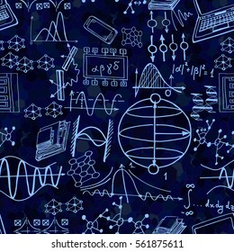Science seamless pattern with sketch elements. Vector background with decorative formulas and graphs. Hand drawn.