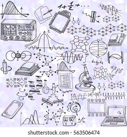 Science seamless pattern with sketch elements. Vector background with decorative formulas and graphs. Hand drawn.