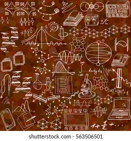 Science seamless pattern with sketch elements. Vector background with decorative formulas and graphs. Hand drawn.