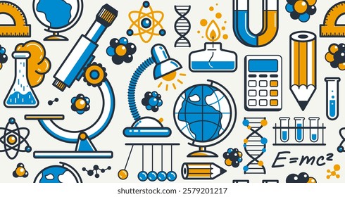 Science seamless pattern, vector endless background with a lot of elements that can be used separately as an icons or illustrations, physics and chemistry wallpaper.