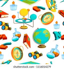 Patrón sin fisuras de la ciencia. Imágenes vectoriales de geografía y ciencia. Ilustración de binoculares y sextantes, quemadores y brújulas