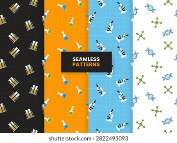 Science seamless pattern vector set with test tubes, flasks, microscope, DNA, and molecule icons. Perfect for fabric, wrapping paper, stationery, education, STEM, and laboratory-themed designs.