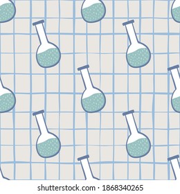 Science seamless study pattern with simple hand drawn flasks. Chequered pastel background. Great for fabric design, textile print, wrapping, cover. Vector illustration.