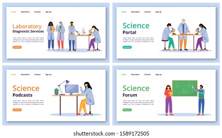 Science services landing page vector template set. Modern learning technology website interface idea with flat illustrations. Forums and portals homepage layout, web banner, webpage cartoon concept