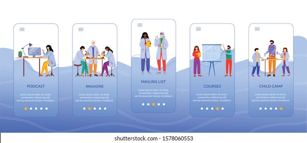 Science services onboarding mobile app screen vector template. Modern learning methods. Walkthrough website steps with flat characters. UX, UI, GUI smartphone cartoon interface concept