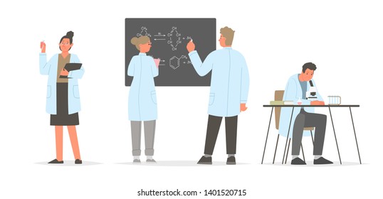 The science. A set of characters scientists involved in the study. Chemists and biologists. Vector illustration in flat style