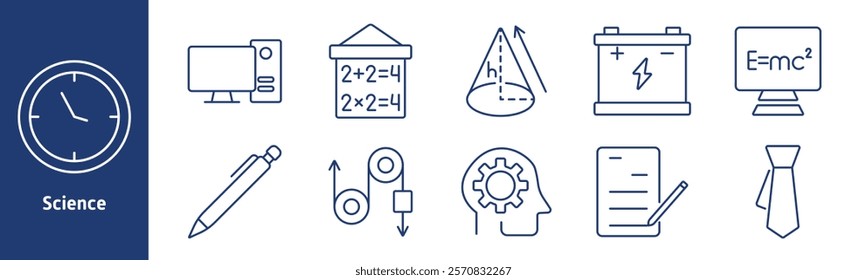 Science set icon. Clock, desktop, math board, geometry, battery, formula, pen, pulley, head with gears, document, tie