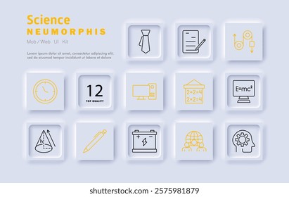 Science set icon. Clock, quality icon, necktie, document, flowchart, monitor, math board, equation, cone diagram, pencil, battery, global network, brain gear