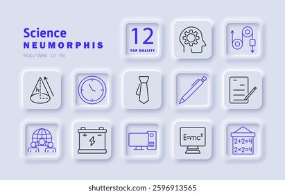 Science set icon. Geometry, clock, tie, pen, writing, algorithm, thinking, formula, physics, research, computer, global network, energy storage, scientific analysis, mathematics