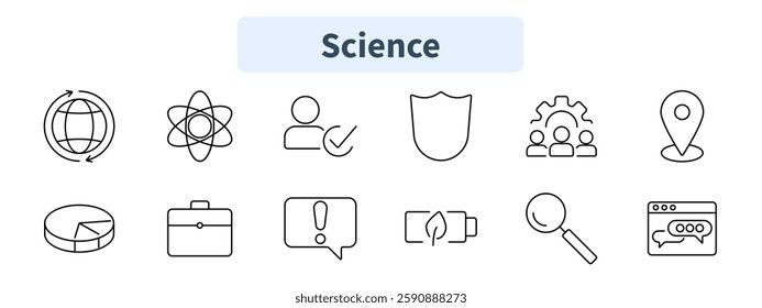 Science set icon. Global research, atom, user verification, shield security, teamwork, location, statistics, briefcase, alert, energy battery, magnifier, chatbot.