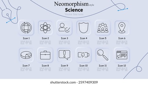 Science set icon. Global rotation, atom, verified user, protection shield, teamwork, location, statistics, briefcase, warning chat, battery sustainability, magnifier, online discussion