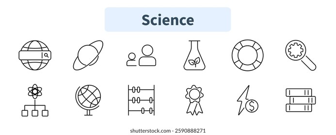 Science set icon. Global search, orbit, group, eco flask, lifebuoy, gear magnifier, atom network, globe, abacus, award, energy finance, bookshelf.