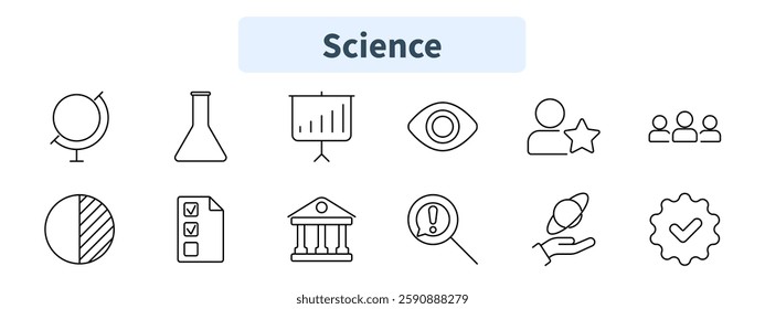 Science set icon. Globe, chemistry flask, data analysis, eye, team, statistics, checklist, institution, warning, scientific research, quality assurance