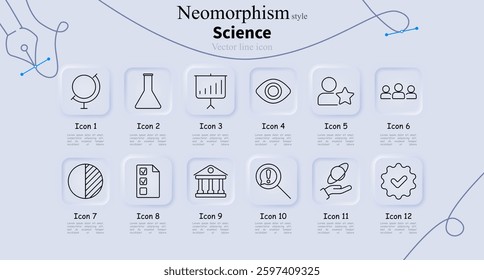 Science set icon. Globe, flask, chart, eye, favorite user, group, pie chart, checklist, government building, research, astronomy, quality check.