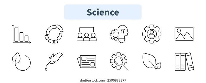 Science set icon. Graph, cycle, team, idea, management, image, sustainability, feather ink, newspaper, gear search, leaf, books