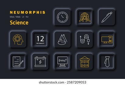 Science set icon. Innovation, mathematics, global research, energy storage, calculations, digital tools, education, time management, teamwork, documentation