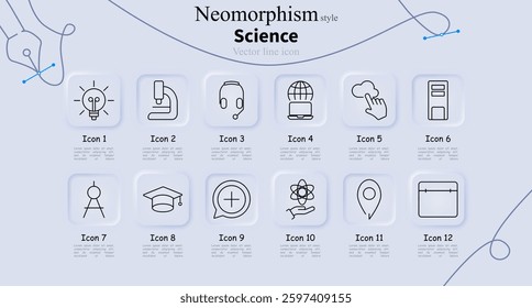 Science set icon. Light bulb, microscope, headset, global web, cloud interaction, server, telescope, graduation cap, medical cross, atom, location, board.