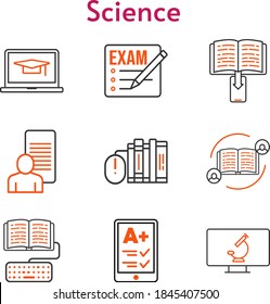 science set. included exam, feedback, study, ereader, student-laptop, ebook, books, homework, microscope icons. bicolor styles.