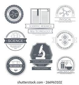 Science set label template of emblem element for your product or design, web and mobile applications with text. Vector illustration with thin lines isolated icons on stamp symbol. 