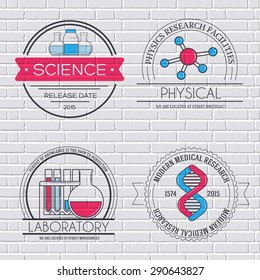 Science set label template of emblem element for your product or design, web and mobile applications with text. Vector illustration with thin lines isolated icons on stamp symbol. 