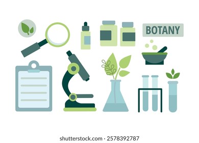 Science set objects isolated on white background. Chemical laboratory glassware, microscope and magnifying glass