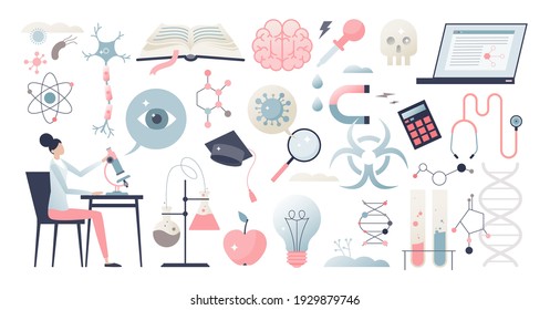 Science set as research laboratory elements collection in tiny person concept. Chemistry, biology or physics scientist equipment items for experiments or medical test lab elements vector illustration.