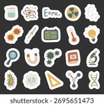 Science set in scandinavian style with dna, molecule, atom, microscope, formula, magnet, gear, ruler, flask, pipette, bacteria, virus, board, lightbulb, thermometer, radioactive sign