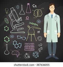 Science set. Sketch illustration. Doctor in flat style.
