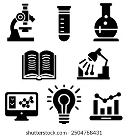 Science Silhouette Icons Set Featuring Laboratory Equipment and Scientific Symbols Flat Vector Illustration