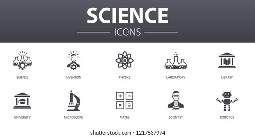 Science simple concept icons set. Contains such icons as invention, physics, laboratory, university and more, can be used for web, logo, UI/UX