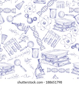 Science Sketch Seamless Pattern With Microscope Flask Atom Dna Structure Vector Illustration