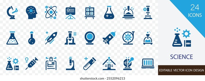 Conjunto de ícones sólidos de ciência. contendo tecnologia, pesquisa, biologia, engenharia, dados, análise, laboratório, microscópio e mais design vetorial